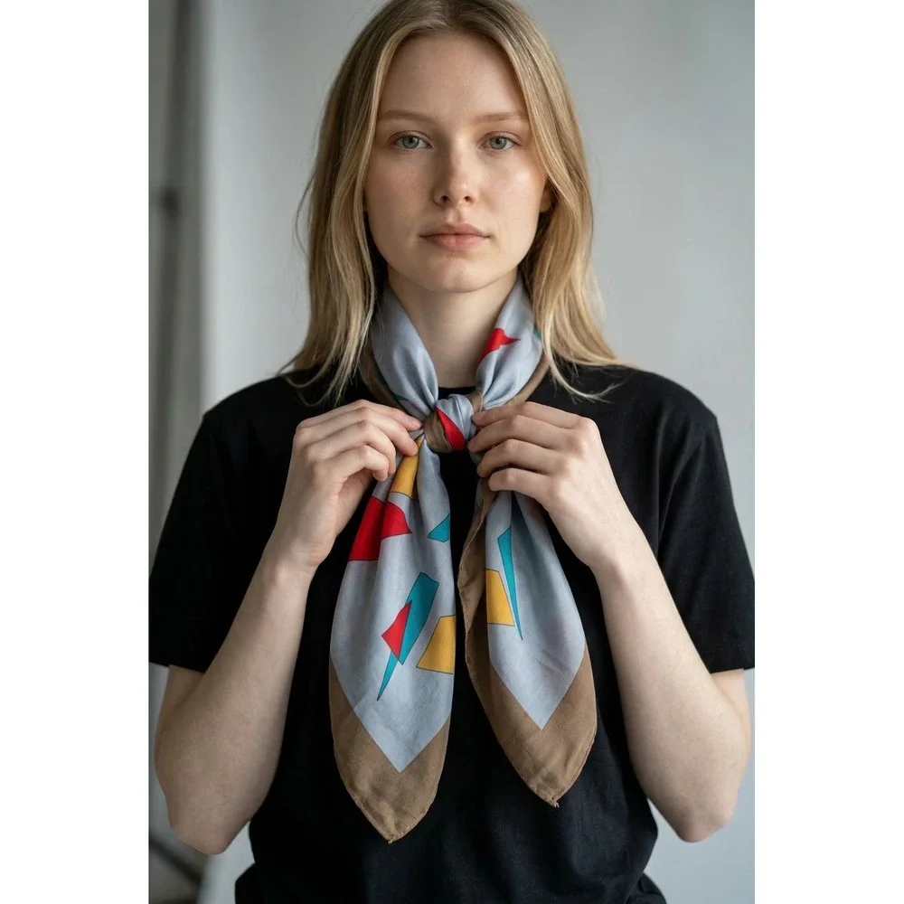 Women's Abstract Geometric Silk Square Scarf Brown Blue Purple Art Print 31x31